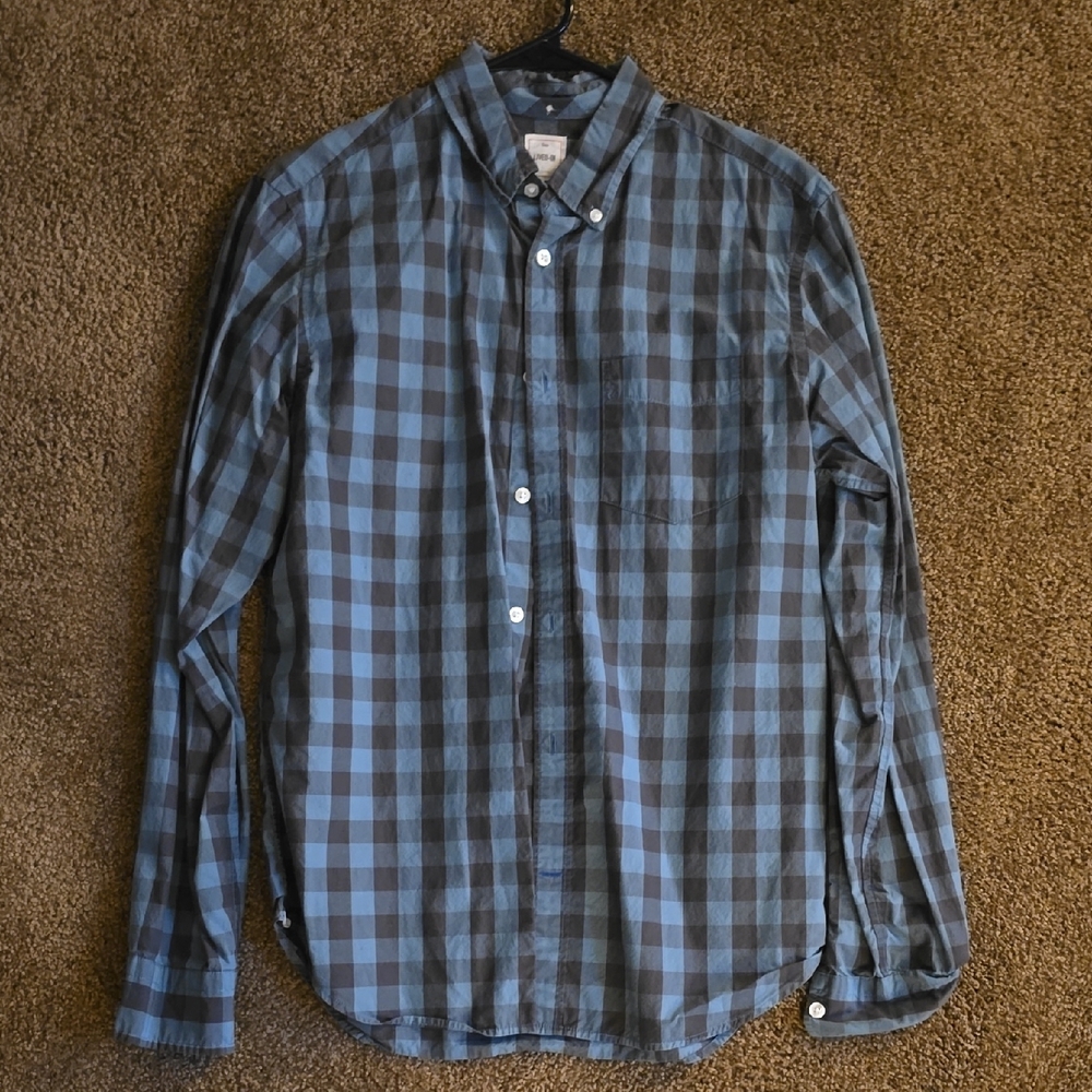 GAP Men's Blue and Gray Plaid Shirt